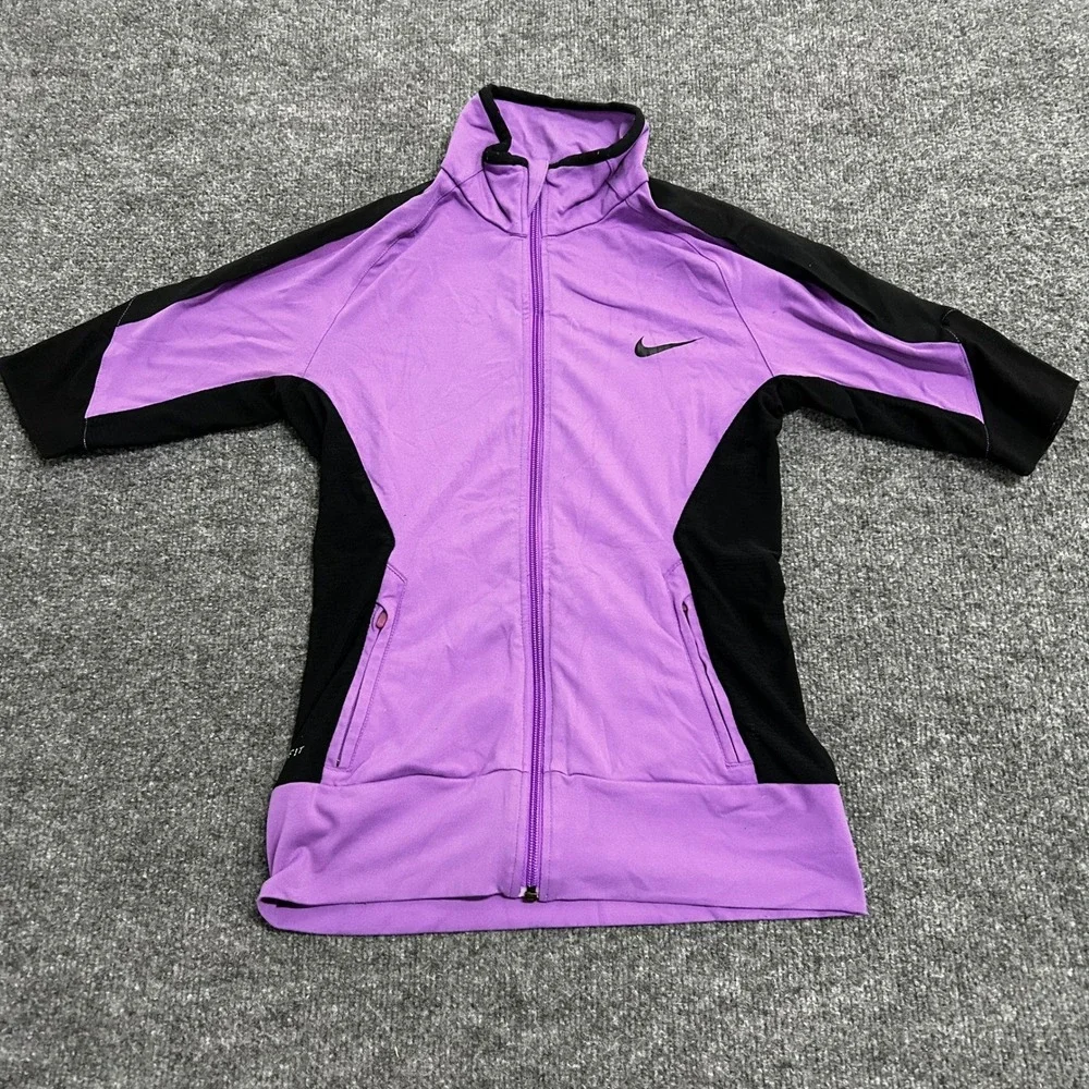 Nike Track Jacket Womens Size M Purple Dri-Fit Mesh Panel Short Sleeve Full Zip